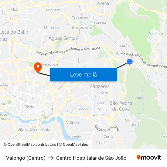 Valongo (Centro) to Centro Hospitalar de São João map