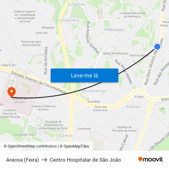 Areosa (Feira) to Centro Hospitalar de São João map