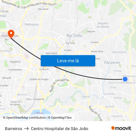 Barreiros to Centro Hospitalar de São João map