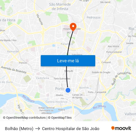 Bolhão (Metro) to Centro Hospitalar de São João map