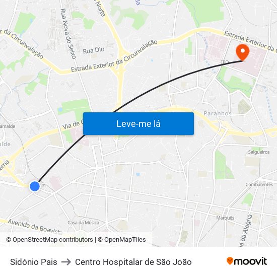 Sidónio Pais to Centro Hospitalar de São João map