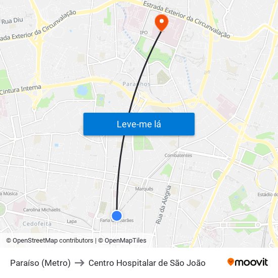 Paraíso (Metro) to Centro Hospitalar de São João map