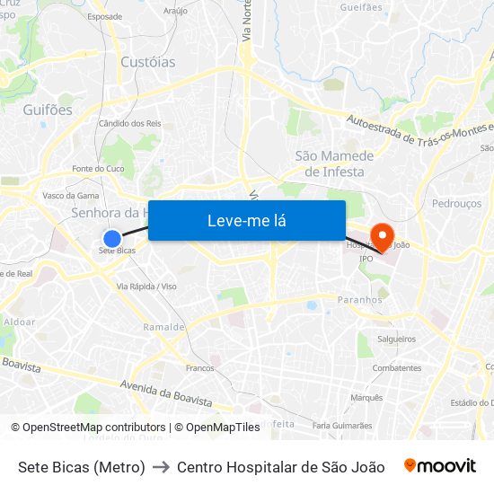 Sete Bicas (Metro) to Centro Hospitalar de São João map
