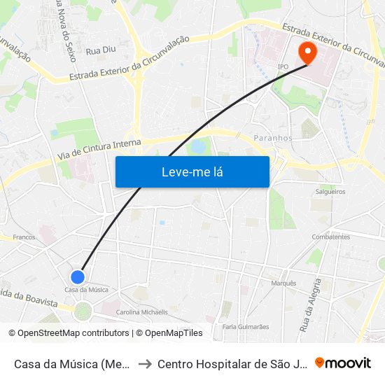 Casa da Música (Metro) to Centro Hospitalar de São João map
