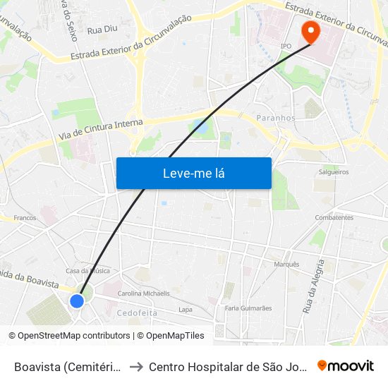 Boavista (Cemitério) to Centro Hospitalar de São João map