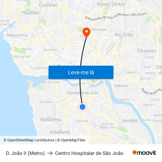 D. João II (Metro) to Centro Hospitalar de São João map