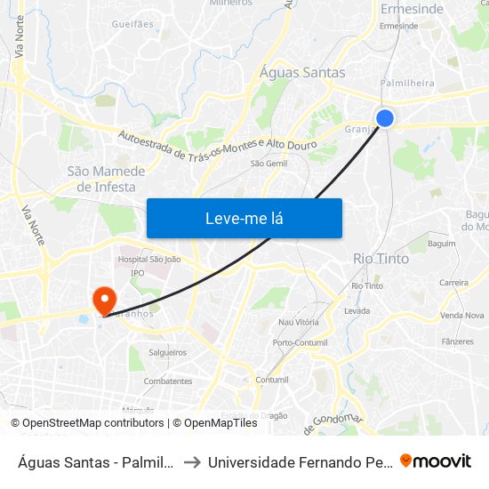 Águas Santas - Palmilheira to Universidade Fernando Pessoa map