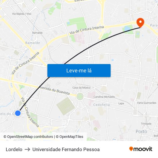 Lordelo to Universidade Fernando Pessoa map