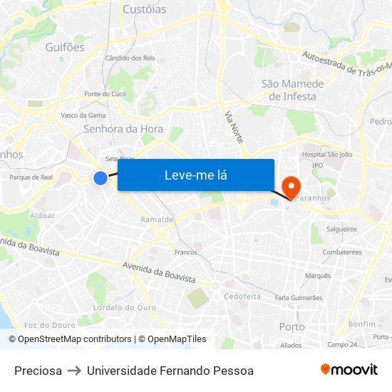 Preciosa to Universidade Fernando Pessoa map