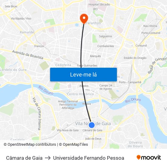 Câmara de Gaia to Universidade Fernando Pessoa map