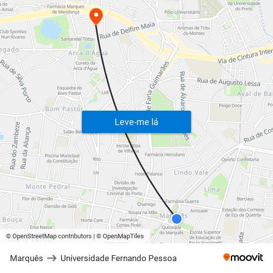 Marquês to Universidade Fernando Pessoa map