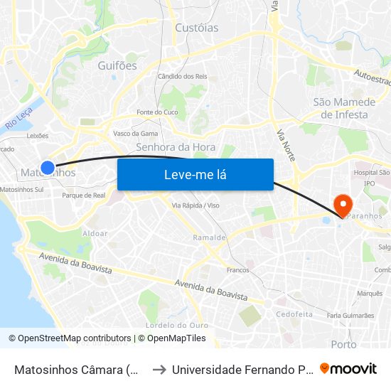 Matosinhos Câmara (Matc1) to Universidade Fernando Pessoa map