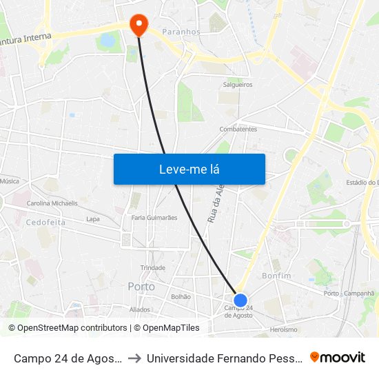 Campo 24 de Agosto to Universidade Fernando Pessoa map