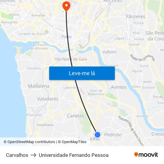 Carvalhos to Universidade Fernando Pessoa map