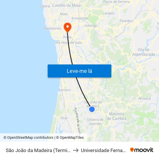 São João da Madeira (Terminal Rodoviário) to Universidade Fernando Pessoa map