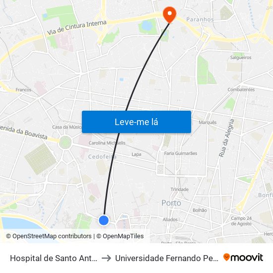 Hospital de Santo António to Universidade Fernando Pessoa map