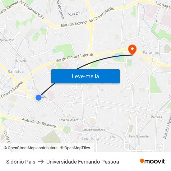 Sidónio Pais to Universidade Fernando Pessoa map