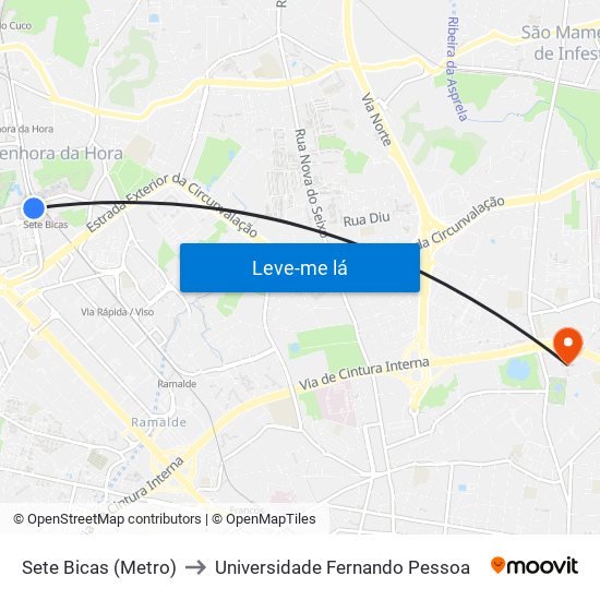 Sete Bicas (Metro) to Universidade Fernando Pessoa map
