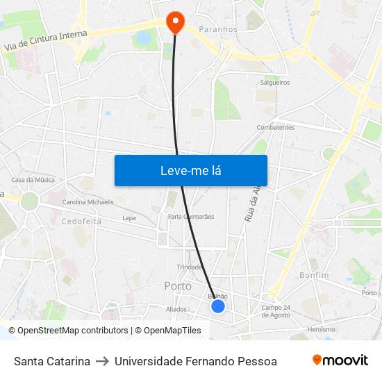 Santa Catarina to Universidade Fernando Pessoa map