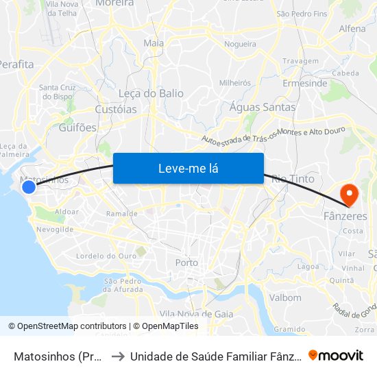 Matosinhos (Praia) to Unidade de Saúde Familiar Fânzeres map