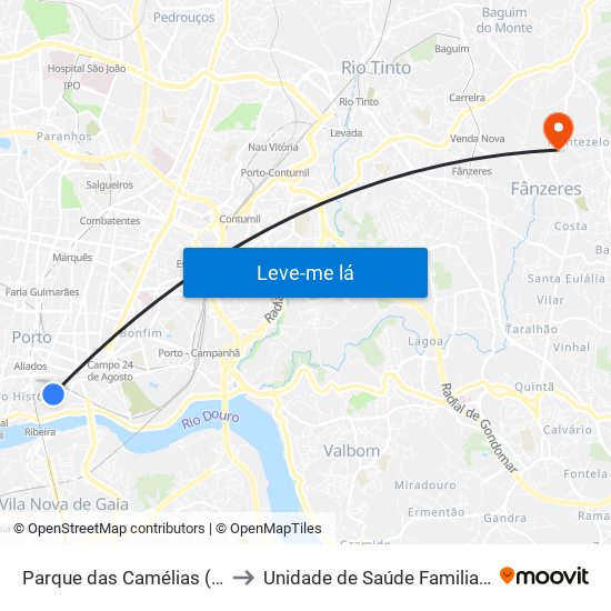 Parque das Camélias (Terminal) to Unidade de Saúde Familiar Fânzeres map