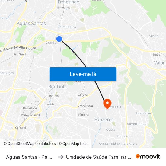 Águas Santas - Palmilheira to Unidade de Saúde Familiar Fânzeres map