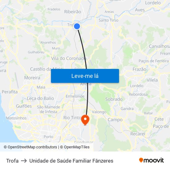 Trofa to Unidade de Saúde Familiar Fânzeres map