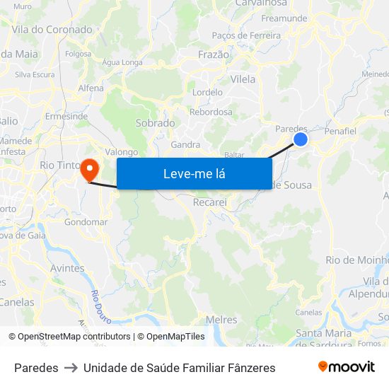 Paredes to Unidade de Saúde Familiar Fânzeres map