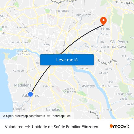 Valadares to Unidade de Saúde Familiar Fânzeres map