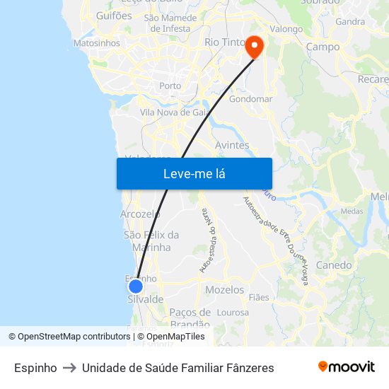 Espinho to Unidade de Saúde Familiar Fânzeres map