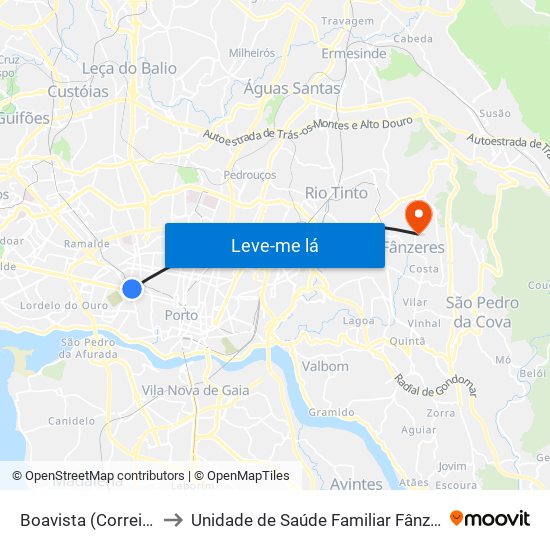 Boavista (Correios) to Unidade de Saúde Familiar Fânzeres map