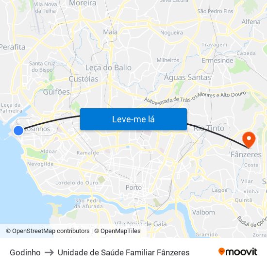 Godinho to Unidade de Saúde Familiar Fânzeres map