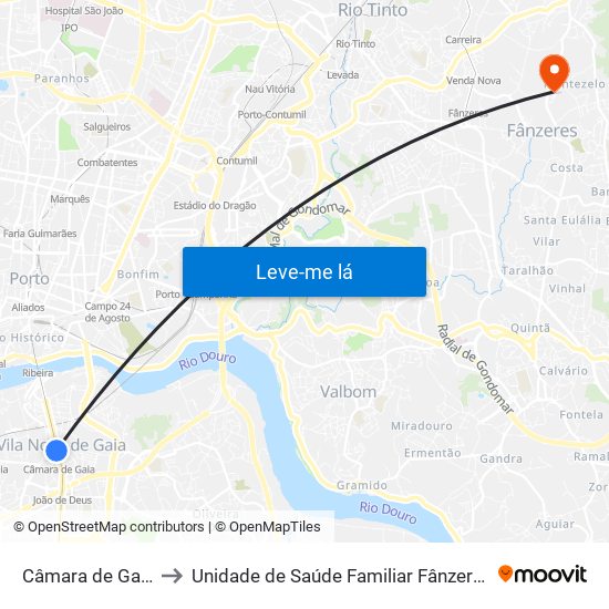Câmara de Gaia to Unidade de Saúde Familiar Fânzeres map