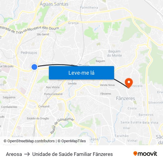 Areosa to Unidade de Saúde Familiar Fânzeres map