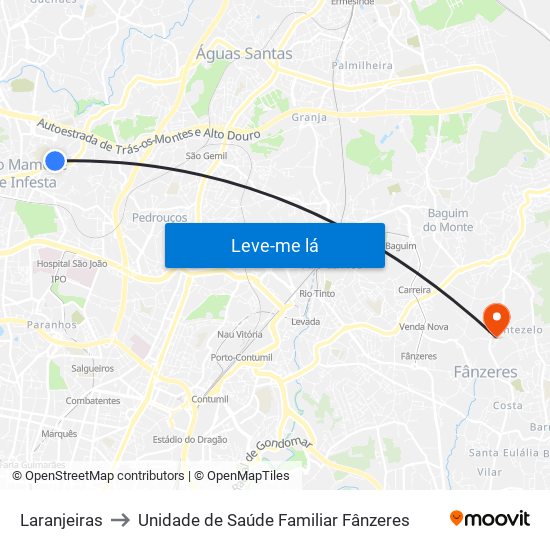 Laranjeiras to Unidade de Saúde Familiar Fânzeres map