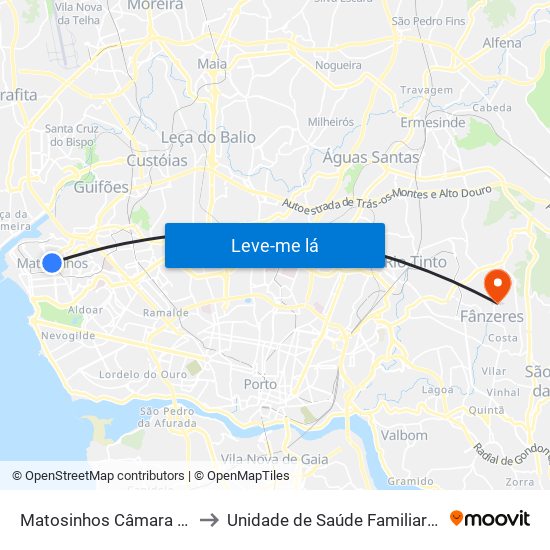 Matosinhos Câmara (Matc1) to Unidade de Saúde Familiar Fânzeres map