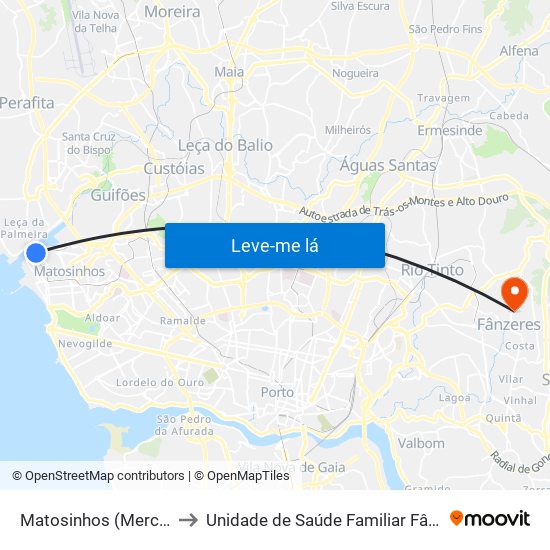 Matosinhos (Mercado) to Unidade de Saúde Familiar Fânzeres map