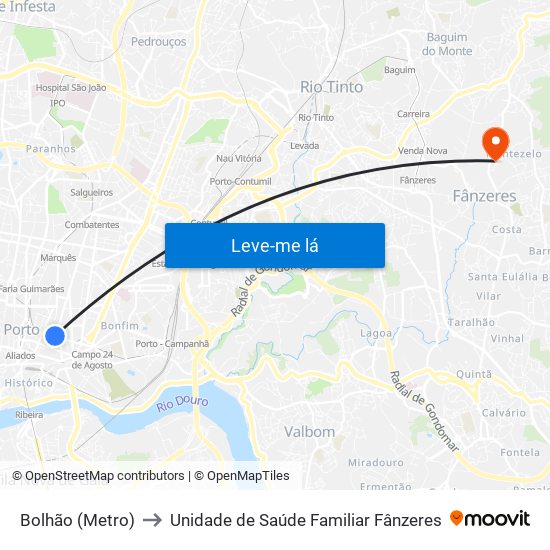Bolhão (Metro) to Unidade de Saúde Familiar Fânzeres map