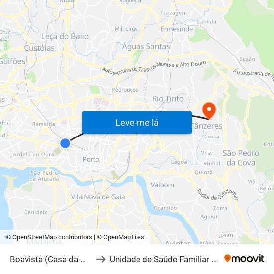 Boavista (Casa da Música) to Unidade de Saúde Familiar Fânzeres map