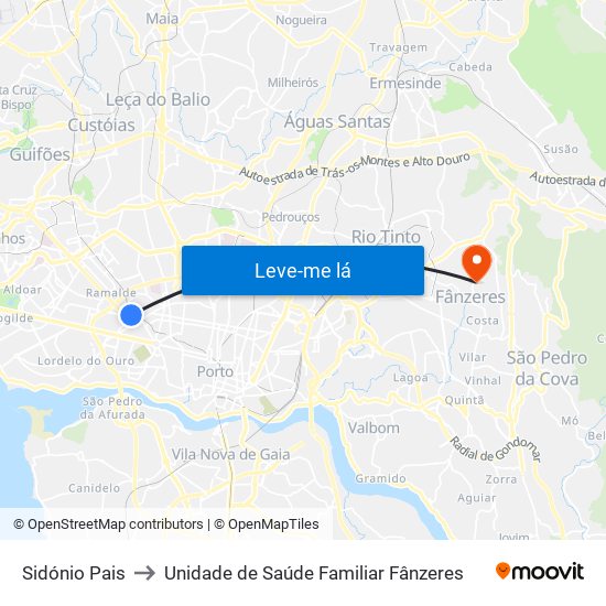 Sidónio Pais to Unidade de Saúde Familiar Fânzeres map