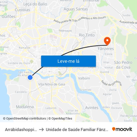 Arrábidashopping to Unidade de Saúde Familiar Fânzeres map