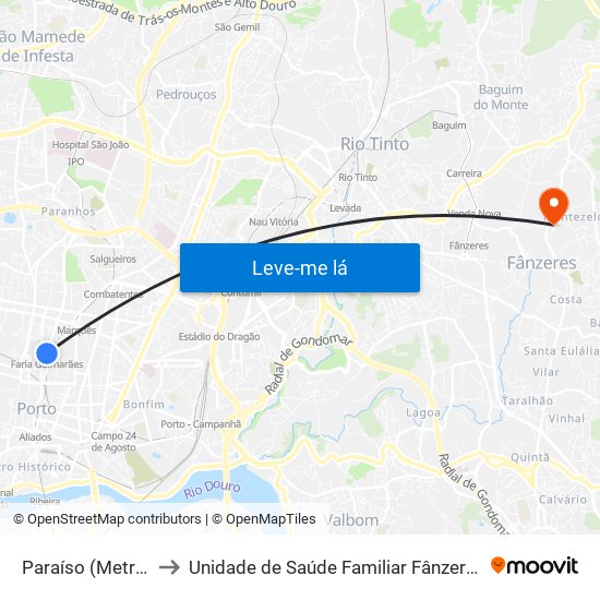 Paraíso (Metro) to Unidade de Saúde Familiar Fânzeres map
