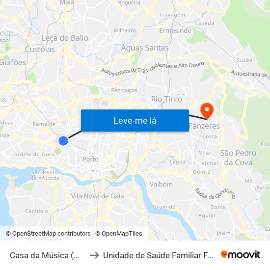 Casa da Música (Metro) to Unidade de Saúde Familiar Fânzeres map