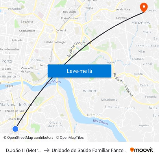 D.João II (Metro) to Unidade de Saúde Familiar Fânzeres map