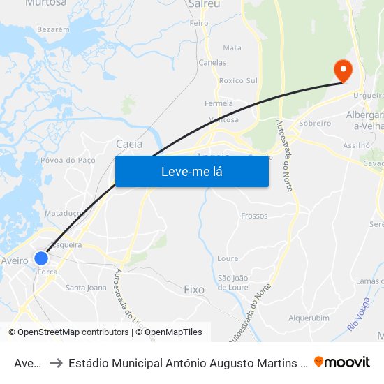 Aveiro to Estádio Municipal António Augusto Martins Pereira map