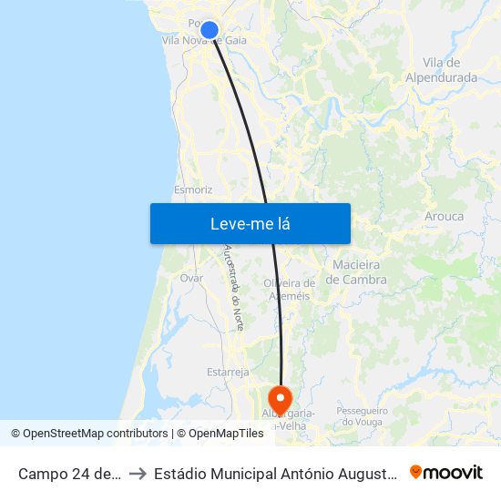 Campo 24 de Agosto to Estádio Municipal António Augusto Martins Pereira map