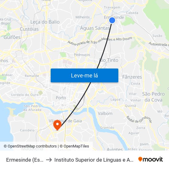 Ermesinde (Estação) to Instituto Superior de Línguas e Administração map