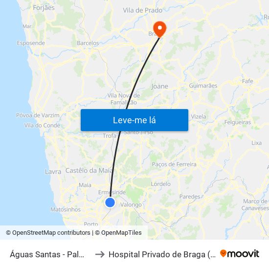 Águas Santas - Palmilheira to Hospital Privado de Braga (Centro) map