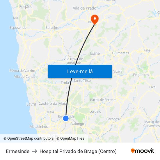 Ermesinde to Hospital Privado de Braga (Centro) map