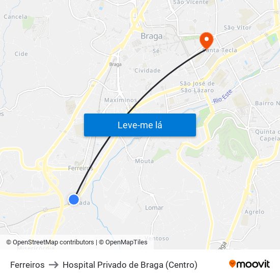 Ferreiros to Hospital Privado de Braga (Centro) map